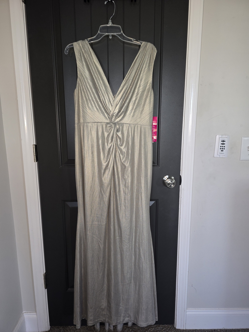 Calvin Klein Metallic Champagne Maxi Dress with V-Neck
